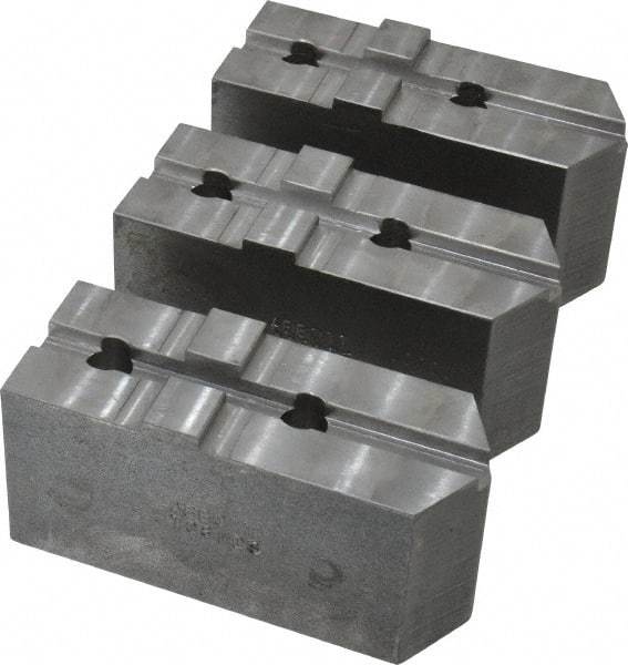 Abbott Workholding Products - 8" & Up Chuck Capacity, Tongue & Groove Attachment, Square Soft Lathe Chuck Jaw - 3 Jaws, Steel, 1-3/4" Btw Mount Hole Ctrs, 4" Long x 1-1/2" Wide x 2" High, 5/16" Groove, 3/8" Fastener - Caliber Tooling