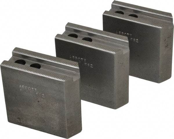 Abbott Workholding Products - 6-1/2" Chuck Capacity, 1/16" x 90 Serrated Attachment, Square Soft Lathe Chuck Jaw - 3 Jaws, Steel, 0.65" Btw Mount Hole Ctrs, 3" Long x 1-1/4" Wide x 3" High, 0.551" Groove, 0.3937" & 10mm Fastener - Caliber Tooling