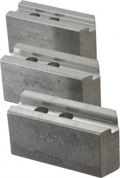 Abbott Workholding Products - 8" & Up Chuck Capacity, 1.5mm x 60° Serrated Attachment, Square Soft Lathe Chuck Jaw - 3 Jaws, Aluminum, 63/64" Btw Mount Hole Ctrs, 4" Long x 1-1/2" Wide x 2" High, 0.6299" Groove, 0.4724" & 12mm Fastener - Caliber Tooling