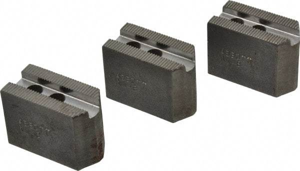 Abbott Workholding Products - 4" & Up Chuck Capacity, 1.5mm x 60° Serrated Attachment, Square Soft Lathe Chuck Jaw - 3 Jaws, Steel, 0.5512" Btw Mount Hole Ctrs, 2" Long x 1" Wide x 1-1/2" High, 0.3937" Groove, 0.315" & 8mm Fastener - Caliber Tooling