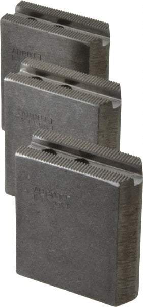 Abbott Workholding Products - 5" & Up Chuck Capacity, 1.5mm x 60° Serrated Attachment, Square Soft Lathe Chuck Jaw - 3 Jaws, Steel, 0.7087" Btw Mount Hole Ctrs, 2-1/2" Long x 1" Wide x 3" High, 0.3937" Groove, 0.315" & 8mm Fastener - Caliber Tooling