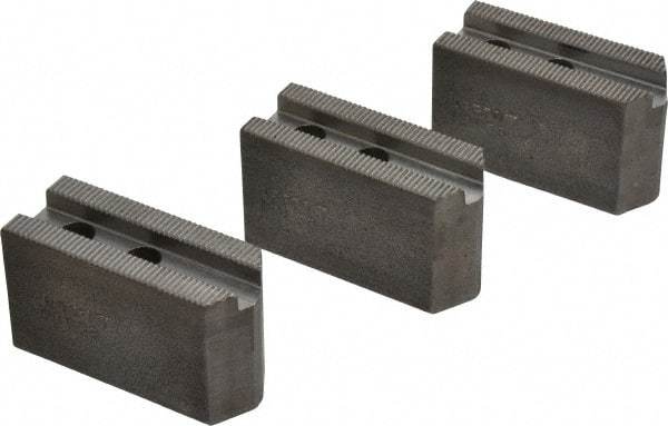 Abbott Workholding Products - 5" & Up Chuck Capacity, 1.5mm x 60° Serrated Attachment, Square Soft Lathe Chuck Jaw - 3 Jaws, Steel, 3/4" Btw Mount Hole Ctrs, 2-1/2" Long x 1" Wide x 1-1/2" High, 0.3937" Groove, 0.315" & 8mm Fastener - Caliber Tooling