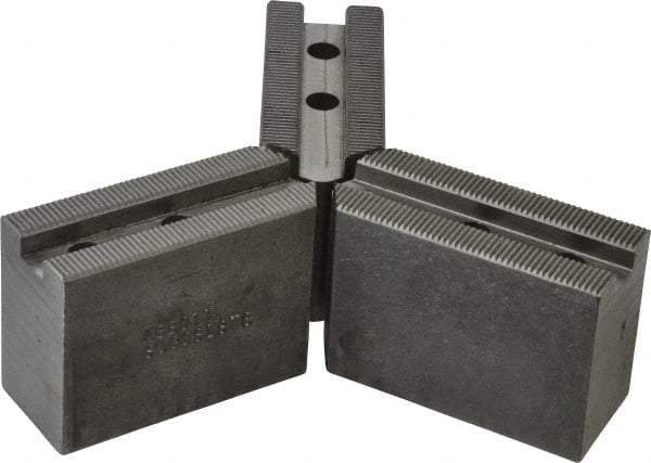 Abbott Workholding Products - 6" & Up Chuck Capacity, 1.5mm x 60° Serrated Attachment, Square Soft Lathe Chuck Jaw - 3 Jaws, Steel, 63/64" Btw Mount Hole Ctrs, 3" Long x 1-1/4" Wide x 2" High, 0.4331" Groove, 0.315" & 8mm Fastener - Caliber Tooling