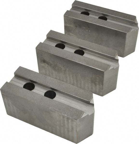 Abbott Workholding Products - 15 to 18" Chuck Capacity, 1.5mm x 60° Serrated Attachment, Square Soft Lathe Chuck Jaw - 3 Jaws, Steel, 1.6929" Btw Mount Hole Ctrs, 6-1/2" Long x 2-1/2" Wide x 3" High, 0.8661" Groove, 0.7874" & 20mm Fastener - Caliber Tooling