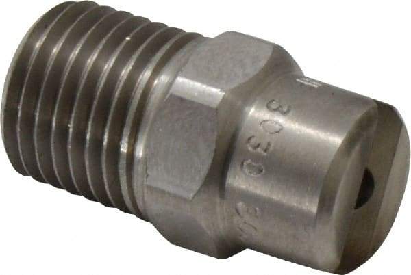 Bete Fog Nozzle - 1/4" Pipe, 30° Spray Angle, Grade 303 Stainless Steel, Standard Fan Nozzle - Male Connection, 4.74 Gal per min at 100 psi, 0.141" Orifice Diam - Caliber Tooling