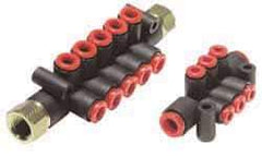 SMC PNEUMATICS - 1/4" Inlet, 5/32" Outlet Manifold - 87mm Long, 2 Inlet Ports, 6 Outlet Ports - Caliber Tooling