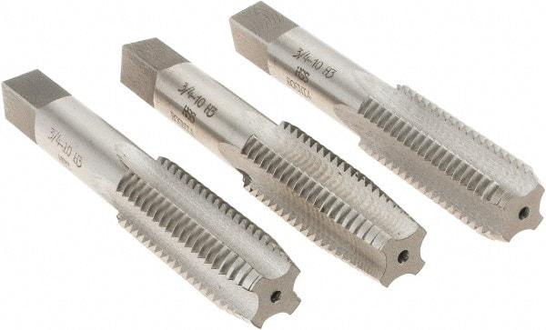 Interstate - 3/4-10 UNC, 4 Flute, Bottoming, Plug & Taper, Bright Finish, High Speed Steel Tap Set - Right Hand Cut, 4-1/4" OAL, 2" Thread Length - Caliber Tooling