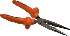 Facom - 8-9/32" OAL, 2-23/32" Jaw Length x 1-3/8" Jaw Width, Long Nose Side Cutting Burnished Insulated Pliers - Serrated Jaw, Half Round Nose Head, Plastic Coated Handles - Caliber Tooling