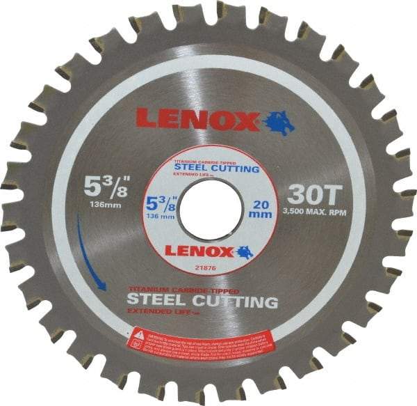 Lenox - 5-3/8" Diam, 20mm Arbor Hole Diam, 30 Tooth Wet & Dry Cut Saw Blade - Titanium Carbide-Tipped, General Purpose Action, Standard Round Arbor - Caliber Tooling