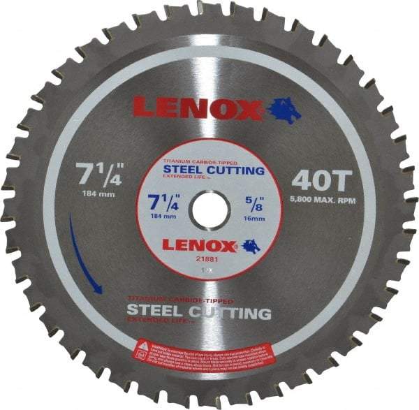 Lenox - 7-1/4" Diam, 5/8" Arbor Hole Diam, 40 Tooth Wet & Dry Cut Saw Blade - Titanium Carbide-Tipped, General Purpose Action, Standard Round Arbor - Caliber Tooling