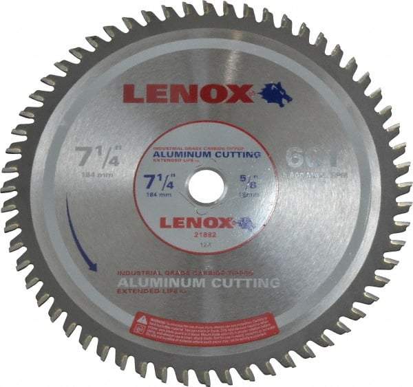 Lenox - 7-1/4" Diam, 5/8" Arbor Hole Diam, 60 Tooth Wet & Dry Cut Saw Blade - Titanium Carbide-Tipped, General Purpose Action, Standard Round Arbor - Caliber Tooling