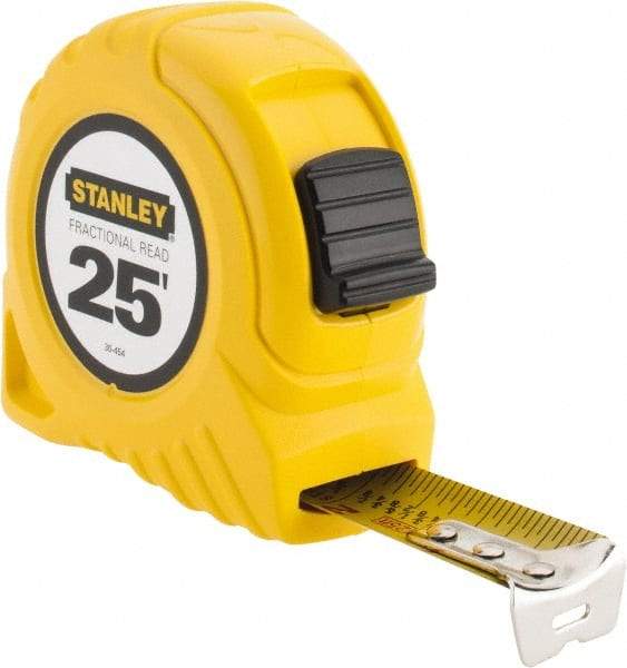 Stanley - 25' x 1" Yellow Blade Tape Measure - 1/16 & 1/8" Graduation, Inch Graduation Style, Yellow Case - Caliber Tooling