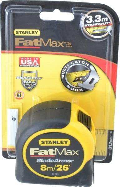 Stanley - 26' x 1-1/4" Yellow Blade Tape Measure - 1/32 & 1/16" & 1mm Graduation, Inch/Metric Graduation Style, Yellow/Black Case - Caliber Tooling