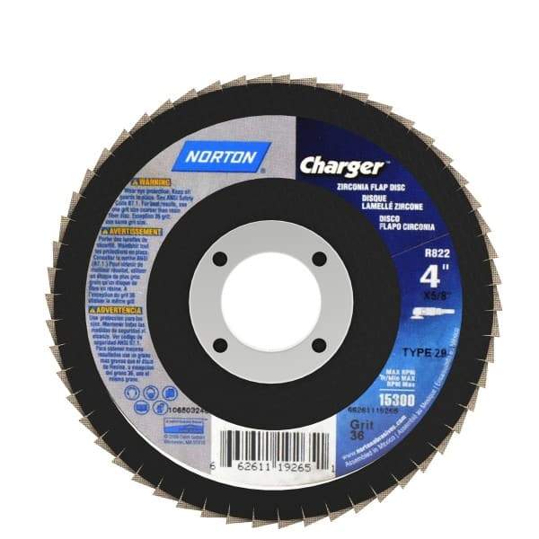 Norton - 36 Grit, 4" Disc Diam, 5/8" Center Hole, Type 29 Zirconia Alumina Flap Disc - 15,000 Max RPM, Fiberglass Backing, Arbor Attaching System, Coated - Caliber Tooling