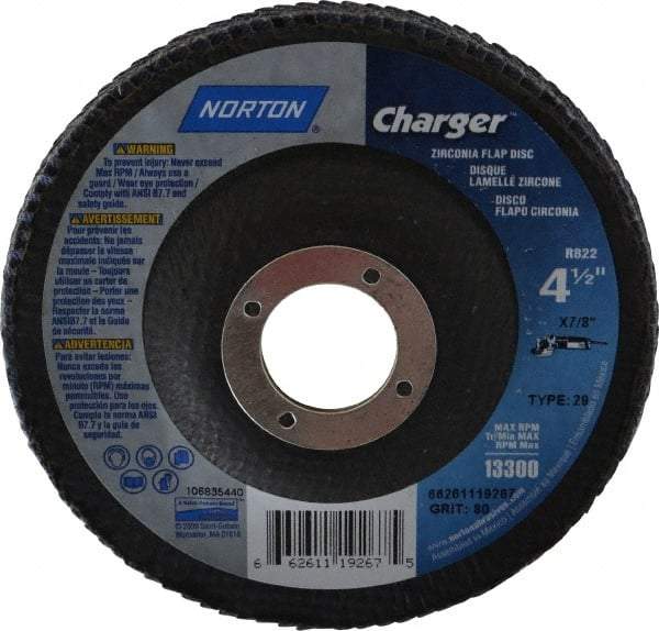 Norton - 80 Grit, 4-1/2" Disc Diam, 7/8" Center Hole, Type 29 Zirconia Alumina Flap Disc - 13,000 Max RPM, Fiberglass Backing, Arbor Attaching System, Coated - Caliber Tooling