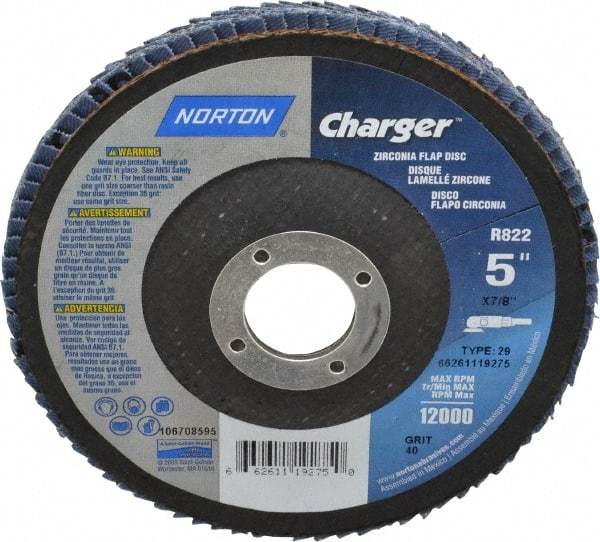 Norton - 40 Grit, 5" Disc Diam, 7/8" Center Hole, Type 29 Zirconia Alumina Flap Disc - 13,000 Max RPM, Fiberglass Backing, Coated - Caliber Tooling