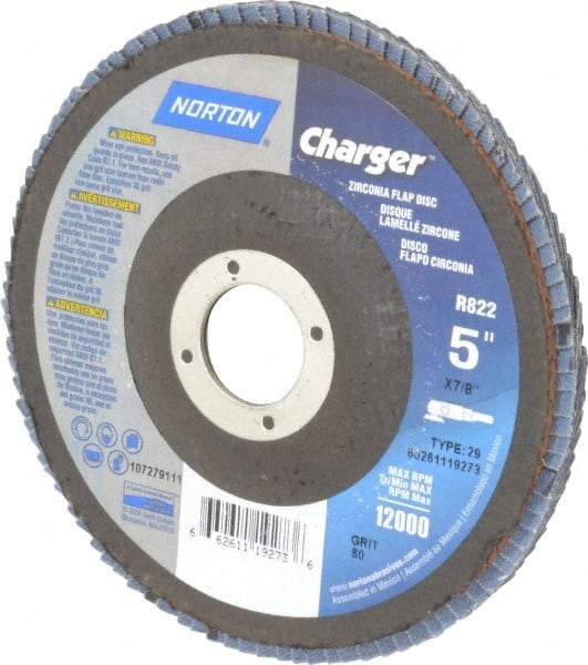 Norton - 80 Grit, 5" Disc Diam, 7/8" Center Hole, Type 29 Zirconia Alumina Flap Disc - 13,000 Max RPM, Fiberglass Backing, Coated - Caliber Tooling