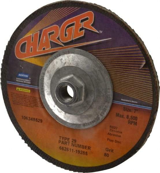 Norton - 80 Grit, 7" Disc Diam, 5/8-11 Center Hole, Type 29 Zirconia Alumina Flap Disc - 8,600 Max RPM, Fiberglass Backing, Coated - Caliber Tooling