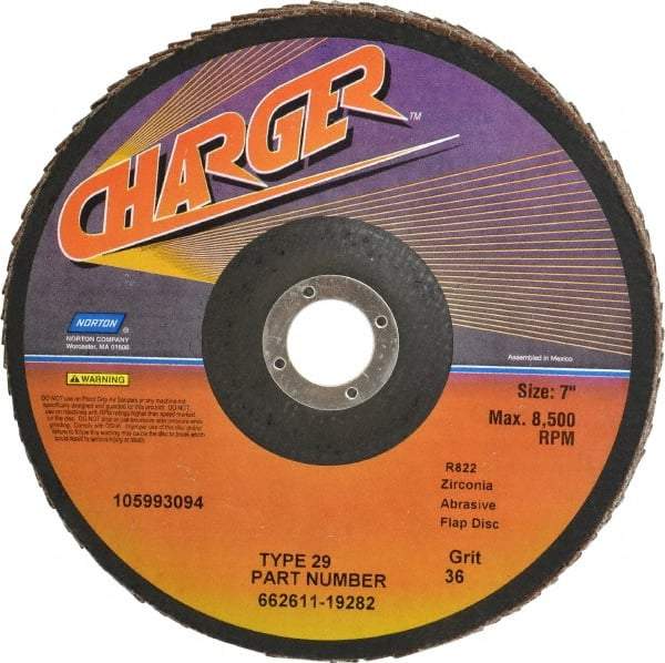 Norton - 36 Grit, 7" Disc Diam, 7/8" Center Hole, Type 29 Zirconia Alumina Flap Disc - 8,600 Max RPM, Fiberglass Backing, Coated - Caliber Tooling