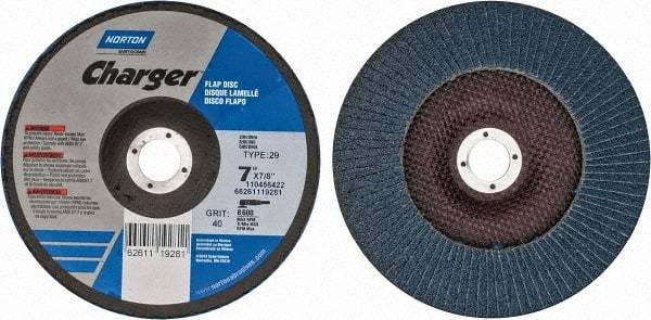 Norton - 40 Grit, 7" Disc Diam, 7/8" Center Hole, Type 29 Zirconia Alumina Flap Disc - 8,600 Max RPM, Fiberglass Backing, Arbor Attaching System, Coated - Caliber Tooling