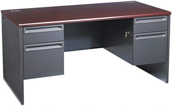 Hon - Woodgrain Laminate/Metal Double Pedestal Desk - 60" Wide x 30" Deep x 29" High, Mahogany/Charcoal - Caliber Tooling