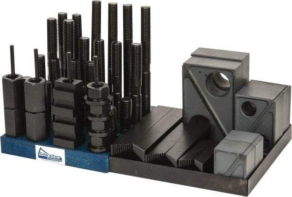 Gibraltar - 50 Piece Fixturing Step Block & Clamp Set with 1-1/2" Step Block, 13/16" T-Slot, 3/4-10 Stud Thread - 1-1/4" Nut Width, 3, 4, 5, 6, 7 & 8" Stud Lengths - Caliber Tooling