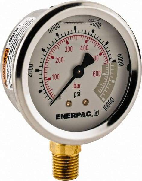 Enerpac - 0 to 10,000 psi Pressure Rating, 1/4 NPTF Gauge Connection, Hydraulic Pressure Liquid Filled Gage - 2-1/2" Face Diam - Caliber Tooling