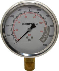 Enerpac - 0 to 10,000 psi Pressure Rating, 1/2 NPTF Gauge Connection, Hydraulic Pressure Liquid Filled Gage - 4" Face Diam - Caliber Tooling