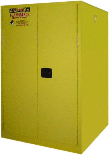 Securall Cabinets - 43" Wide x 31" Deep x 65" High, 18 Gauge Steel Vertical Drum Cabinet with 3 Point Key Lock - Yellow, Manual Closing Door, 1 Shelf, 2 Drums, Drum Rollers Included - Caliber Tooling