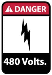 NMC - "Danger - 480 Volts", 14" Long x 10" Wide, Pressure-Sensitive Vinyl Safety Sign - Rectangle, 0.004" Thick, Use for Accident Prevention - Caliber Tooling