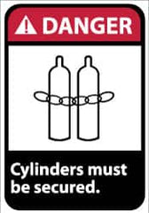 NMC - "Danger - Cylinders Must Be Secured", 14" Long x 10" Wide, Pressure-Sensitive Vinyl Safety Sign - Rectangle, 0.004" Thick, Use for Accident Prevention - Caliber Tooling