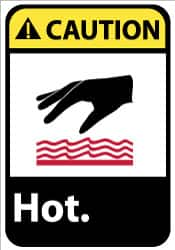 NMC - "Caution - Hot", 14" Long x 10" Wide, Pressure-Sensitive Vinyl Safety Sign - Rectangle, 0.004" Thick, Use for Hazardous Materials - Caliber Tooling