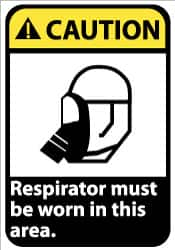 NMC - "Caution - Respirator Must Be Worn in This Area", 14" Long x 10" Wide, Pressure-Sensitive Vinyl Safety Sign - Rectangle, 0.004" Thick, Use for Accident Prevention - Caliber Tooling