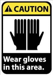 NMC - "Caution - Wear Gloves in This Area", 14" Long x 10" Wide, Pressure-Sensitive Vinyl Safety Sign - Rectangle, 0.004" Thick, Use for Accident Prevention - Caliber Tooling