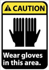 NMC - "Caution - Wear Gloves in This Area", 14" Long x 10" Wide, Pressure-Sensitive Vinyl Safety Sign - Rectangle, 0.004" Thick, Use for Accident Prevention - Caliber Tooling