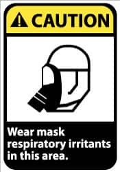 NMC - "Caution - Wear Mask - Respiratory Irritants in This Area", 14" Long x 10" Wide, Pressure-Sensitive Vinyl Safety Sign - Rectangle, 0.004" Thick, Use for Accident Prevention - Caliber Tooling