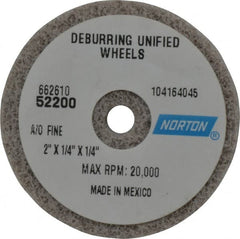 Norton - 2" Diam, 1/4" Face Width, 1/4" Center Hole, Very Fine Grade, Aluminum Oxide Deburring Wheel - Unitized, Medium Grade, 20,000 RPM - Caliber Tooling