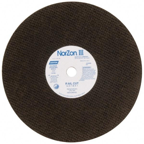 Norton - 14" 30 Grit Zirconia Alumina Cutoff Wheel - 1/8" Thick, 1" Arbor, 5,400 Max RPM, Use with Electric & Gas Powered Saws - Caliber Tooling