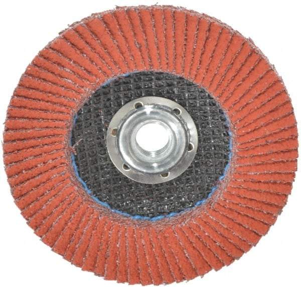 3M - 40 Grit, 4-1/2" Disc Diam, 5/8-11 Center Hole, Type 27 Ceramic Flap Disc - 13,300 Max RPM, Cloth Backing, Arbor Attaching System, Coated - Caliber Tooling