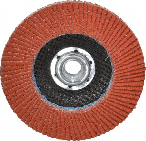 3M - 80 Grit, 4-1/2" Disc Diam, 5/8-11 Center Hole, Type 27 Ceramic Flap Disc - 13,300 Max RPM, Cloth Backing, Arbor Attaching System, Coated - Caliber Tooling