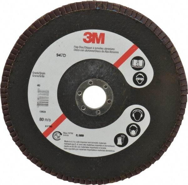 3M - 40 Grit, 7" Disc Diam, 7/8" Center Hole, Type 27 Ceramic Flap Disc - 8,600 Max RPM, Cloth Backing, Arbor Attaching System, Coated - Caliber Tooling