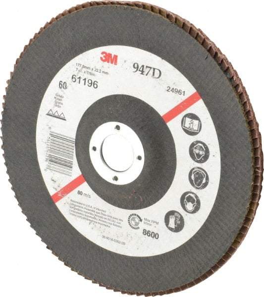 3M - 60 Grit, 7" Disc Diam, 7/8" Center Hole, Type 27 Ceramic Flap Disc - 8,600 Max RPM, Cloth Backing, Arbor Attaching System, Coated - Caliber Tooling