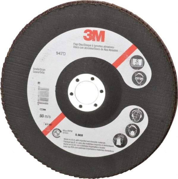 3M - 80 Grit, 7" Disc Diam, 7/8" Center Hole, Type 27 Ceramic Flap Disc - 8,600 Max RPM, Cloth Backing, Arbor Attaching System, Coated - Caliber Tooling