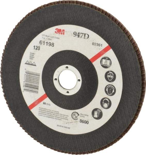 3M - 120 Grit, 7" Disc Diam, 7/8" Center Hole, Type 27 Ceramic Flap Disc - 8,600 Max RPM, Cloth Backing, Arbor Attaching System, Coated - Caliber Tooling