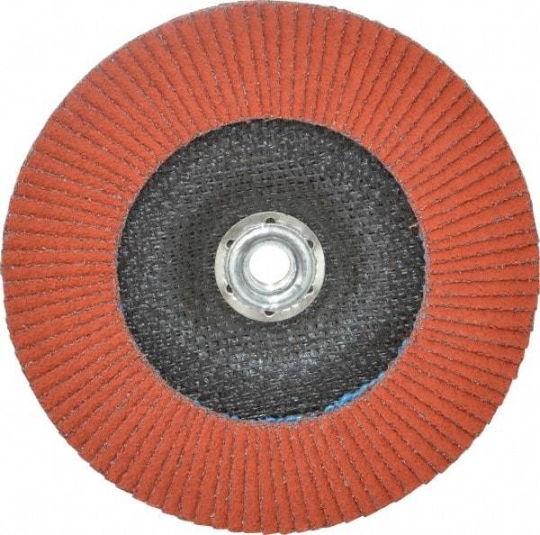 3M - 40 Grit, 7" Disc Diam, 5/8-11 Center Hole, Type 27 Ceramic Flap Disc - 8,600 Max RPM, Cloth Backing, Arbor Attaching System, Coated - Caliber Tooling