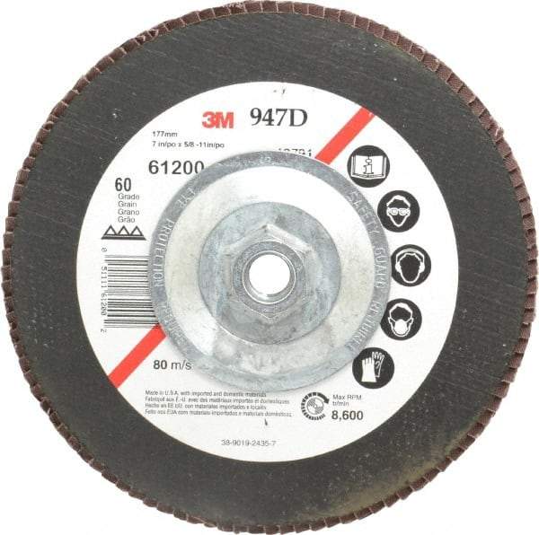 3M - 60 Grit, 7" Disc Diam, 5/8-11 Center Hole, Type 27 Ceramic Flap Disc - 8,600 Max RPM, Cloth Backing, Arbor Attaching System, Coated - Caliber Tooling