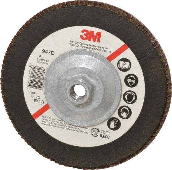 3M - 80 Grit, 7" Disc Diam, 5/8-11 Center Hole, Type 27 Ceramic Flap Disc - 8,600 Max RPM, Cloth Backing, Arbor Attaching System, Coated - Caliber Tooling