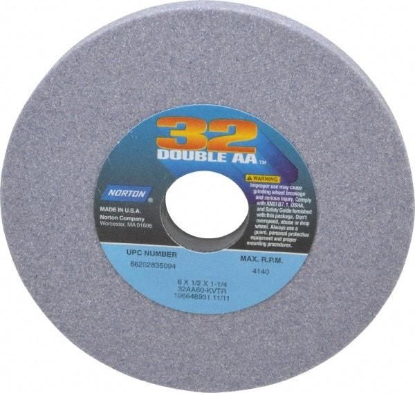 Norton - 6" Diam x 1-1/4" Hole x 1/2" Thick, K Hardness, 60 Grit Surface Grinding Wheel - Aluminum Oxide, Type 1, Medium Grade, 4,140 Max RPM, Vitrified Bond, No Recess - Caliber Tooling