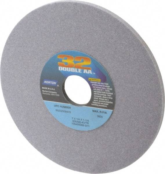 Norton - 7" Diam x 1-1/4" Hole x 1/4" Thick, K Hardness, 80 Grit Surface Grinding Wheel - Aluminum Oxide, Type 1, Medium Grade, 3,600 Max RPM, Vitrified Bond, No Recess - Caliber Tooling