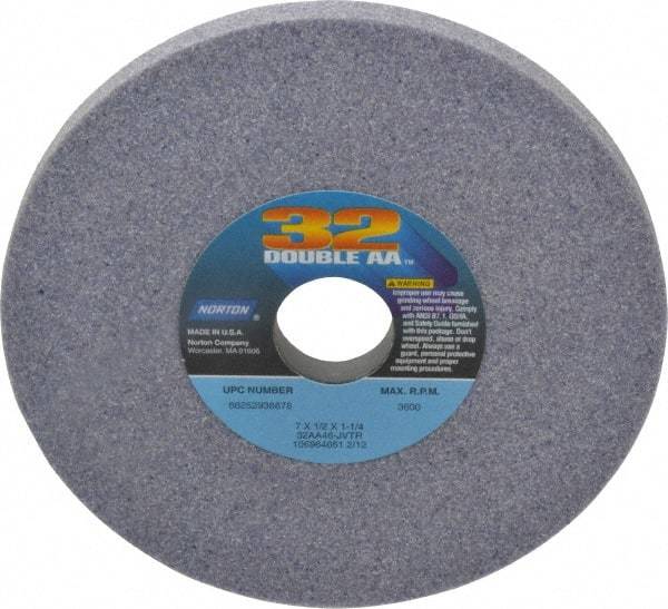 Norton - 7" Diam x 1-1/4" Hole x 1/2" Thick, J Hardness, 46 Grit Surface Grinding Wheel - Aluminum Oxide, Type 1, Coarse Grade, 3,600 Max RPM, Vitrified Bond, No Recess - Caliber Tooling